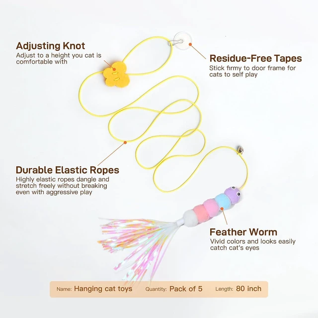 Alt view image 6 of 6 - Potaroma Interactive Cat Feather Toys 5 Pcs, Cat Teaser Retractable Hanging Indoor Kitten Play Chase Exercise, Mental Physical Stimulation for All Breeds and Species