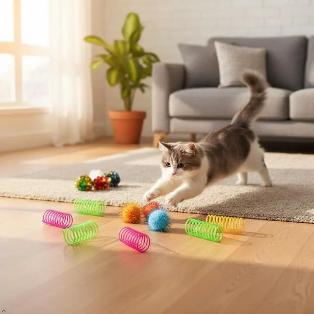 Alt view image 6 of 7 - LASOCUHOO Cat Toys, 30 Packs Interactive Cat Toy Pack Including Cat Crinkle Balls, Cat Sparkle Balls, Spiral Springs for Kitten Random Color