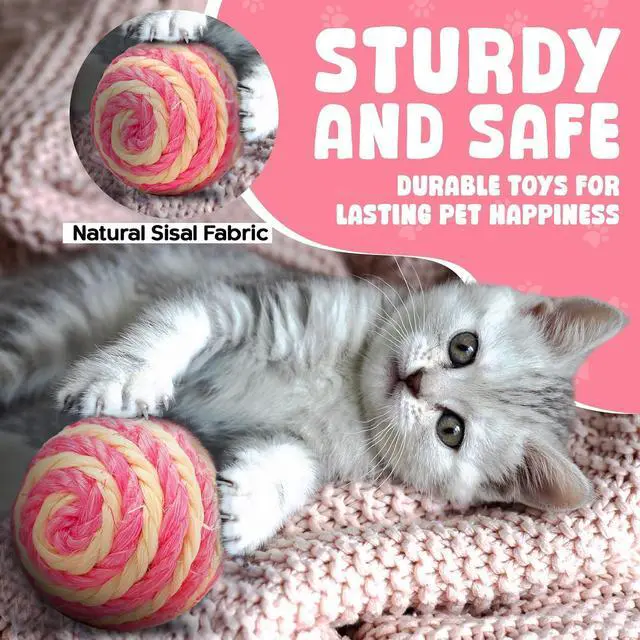 Alt view image 2 of 4 - Cutie's PetBox 3-Pack Sisal String Rattle Ball Toy for Indoor Cats - All Natural Woven Fibers, Assorted Colors, 1.7" Size