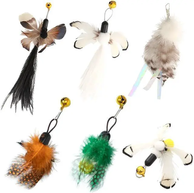 Main image of Cat Insect Feather Toys Replacement Cat Toy Wand Refills, 6 Pieces Natural Insect Cat Toy Feathers Refill, Interactive Cat Teaser Wand Attachments, with Bell