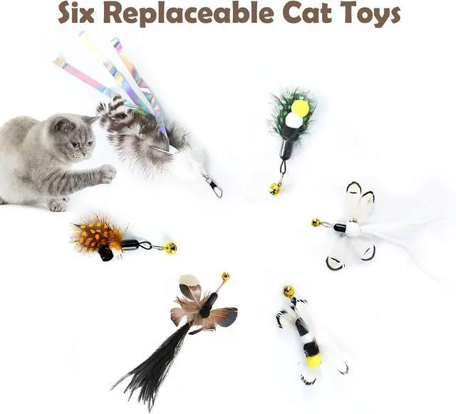 Alt view image 2 of 6 - Cat Insect Feather Toys Replacement Cat Toy Wand Refills, 6 Pieces Natural Insect Cat Toy Feathers Refill, Interactive Cat Teaser Wand Attachments, with Bell