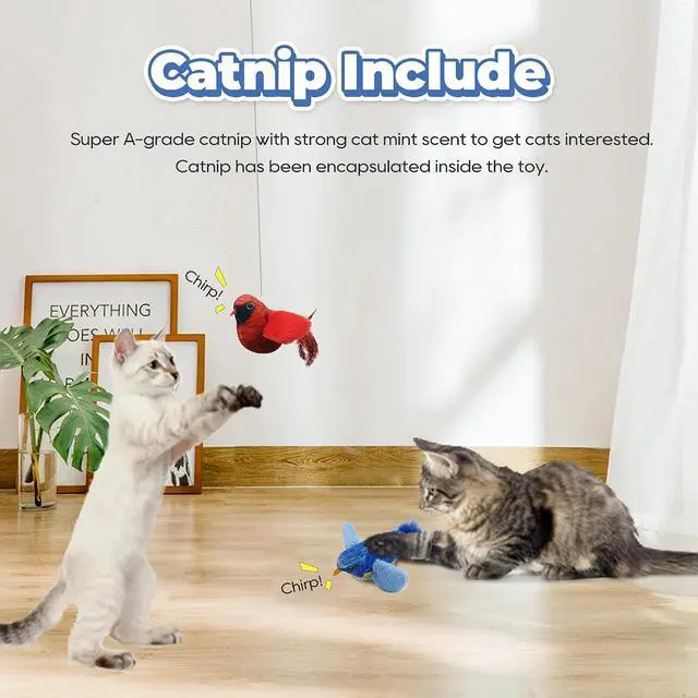 Alt view image 5 of 6 - LEWISER Cat Toys Chirping Tit 2 Pcs with Catnip SilverVine, Suitable for Cat Wand Toys, Simulation Bird Design, Interactive Toys for Indoor Kitty Kitten Exercise, Red and Blue