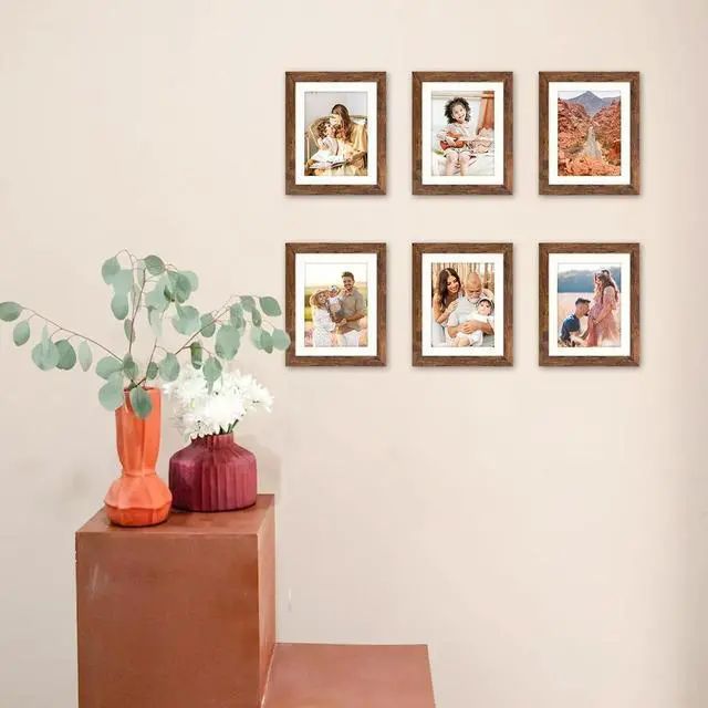 Alt view image 3 of 7 - Brown 8x10 Picture Frame with Mat for 6x8 Display, Rustic Desk Wall Photo Frame for Horizontal and Vertical, 1 Pack