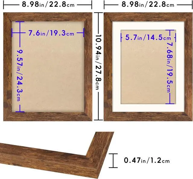 Alt view image 4 of 7 - Brown 8x10 Picture Frame with Mat for 6x8 Display, Rustic Desk Wall Photo Frame for Horizontal and Vertical, 1 Pack
