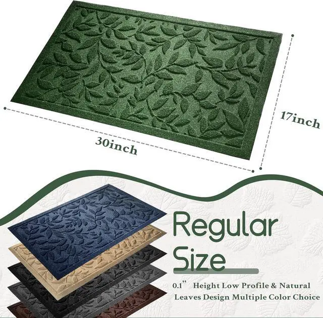 Alt view image 2 of 7 - Green Leaves Outdoor Indoor Entrance Door mat, Absorbent Durable Heavy Duty Welcome Front Door Mat,Thick Natural Rubber Back,Easy Clean Entryway Mat 17x30 Inch, Low Profile