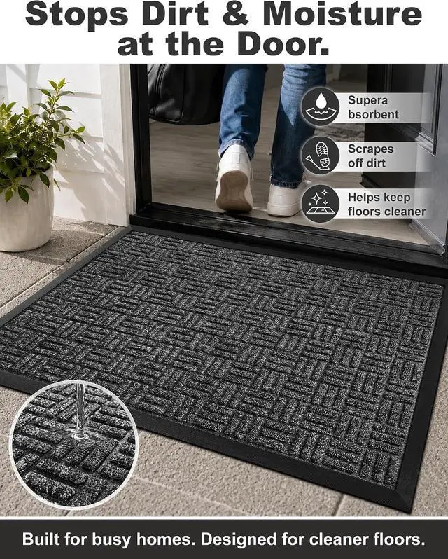 Alt view image 4 of 6 - Mibao Front Door Mat Outdoor Entrance, 29.5" x 17" Heavy Duty Welcome Mat for Outdoor and Indoor, Waterproof Dirt Trapper Doormat, Super Absorbent Indoor Entryway Mat for Patio & Porch - Gray