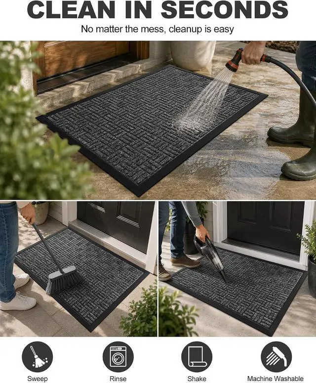 Alt view image 5 of 6 - Mibao Front Door Mat Outdoor Entrance, 29.5" x 17" Heavy Duty Welcome Mat for Outdoor and Indoor, Waterproof Dirt Trapper Doormat, Super Absorbent Indoor Entryway Mat for Patio & Porch - Gray