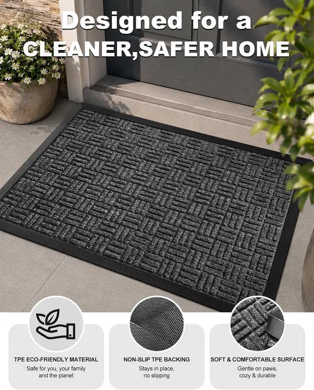 Alt view image 3 of 6 - Mibao Front Door Mat Outdoor Entrance, 29.5" x 17" Heavy Duty Welcome Mat for Outdoor and Indoor, Waterproof Dirt Trapper Doormat, Super Absorbent Indoor Entryway Mat for Patio & Porch - Gray