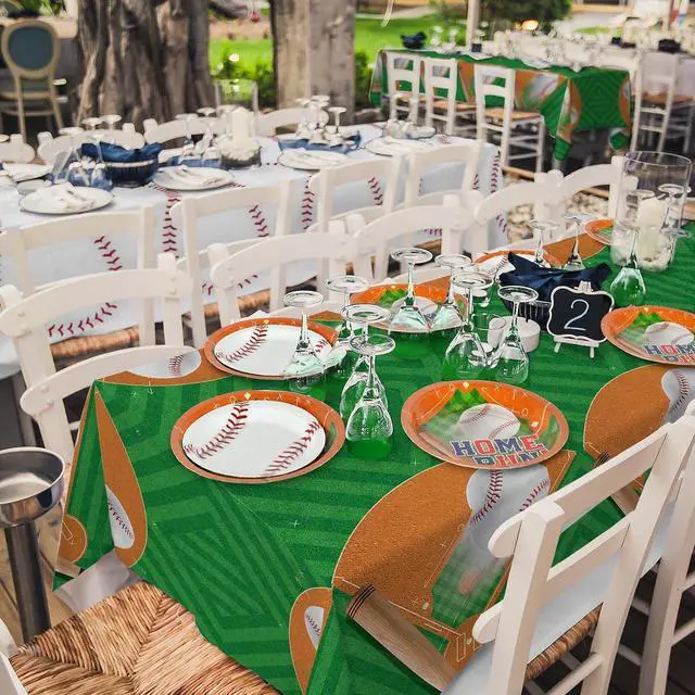 Alt view image 4 of 6 - Gatherfun Baseball Party Supplies: 2-Pack Baseball Birthday Decorations with Disposable Plastic Tablecloth - Table Cover for Baseball Games & Parties, 54 x 108 Inch