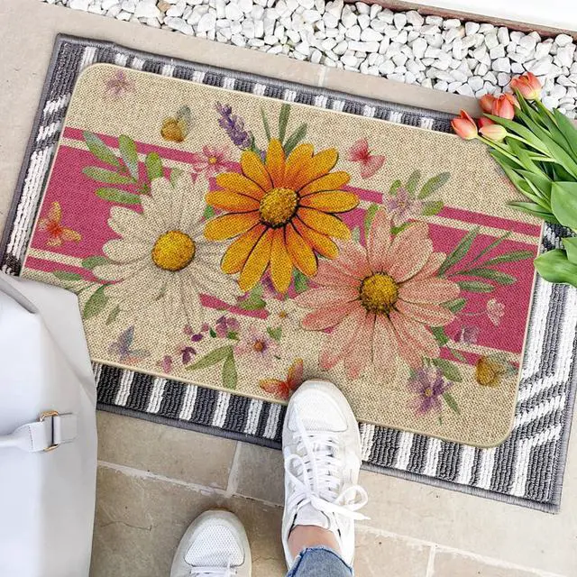 Alt view image 4 of 6 - Artoid Mode Pink Daisy Flowers Spring Doormat,Home Decor Door Mat Low-Profile Switch Rug Floor Mat for Indoor Outdoor 17x29 Inch