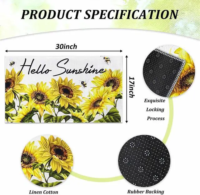 Alt view image 2 of 7 - Sunshine Sunflowers Doormat 17"x30", Summer Spring Bee Door Mats Non-Slip Durable Entrance Mat for Home Entrance, Outside Entry, Yard, Floor, Patio