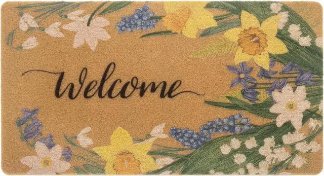 Main image of Mawjom Spring Iris Floral Welcome Doormat Indoor Outdoor Entrance Decor Non Slip Natural Coir Rubber Front Door Mat 17" x 29"