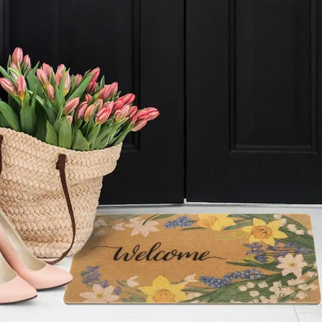 Alt view image 6 of 7 - Mawjom Spring Iris Floral Welcome Doormat Indoor Outdoor Entrance Decor Non Slip Natural Coir Rubber Front Door Mat 17" x 29"