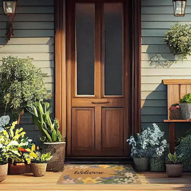 Alt view image 2 of 7 - Mawjom Spring Iris Floral Welcome Doormat Indoor Outdoor Entrance Decor Non Slip Natural Coir Rubber Front Door Mat 17" x 29"
