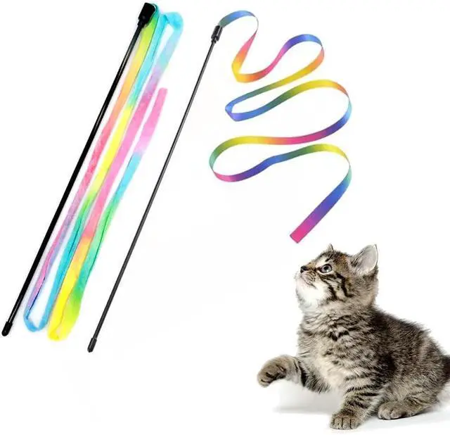 Main image of LASOCUHOO Interactive Cat Wand Toys Interactive Cat Teaser Wand String Ribbon Rainbow Charmer for Cats and Kittens - 2 Packs