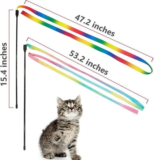 Alt view image 2 of 6 - LASOCUHOO Interactive Cat Wand Toys Interactive Cat Teaser Wand String Ribbon Rainbow Charmer for Cats and Kittens - 2 Packs