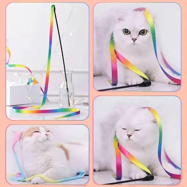 Alt view image 5 of 6 - LASOCUHOO Interactive Cat Wand Toys Interactive Cat Teaser Wand String Ribbon Rainbow Charmer for Cats and Kittens - 2 Packs