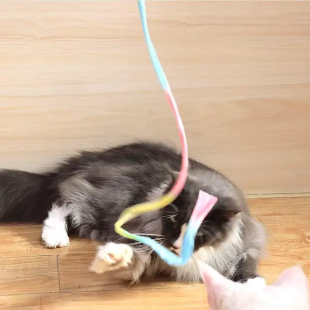Alt view image 6 of 6 - LASOCUHOO Interactive Cat Wand Toys Interactive Cat Teaser Wand String Ribbon Rainbow Charmer for Cats and Kittens - 2 Packs
