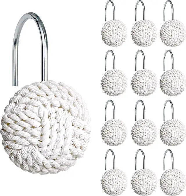 Main image of Sunlit Boho Knots Shower Curtain Hooks, Home Decorative White Shower Curtain Rings for Bathroom, Seaside Nautical Shower Curtain Hangers Bathroom Accessories, Set of 12