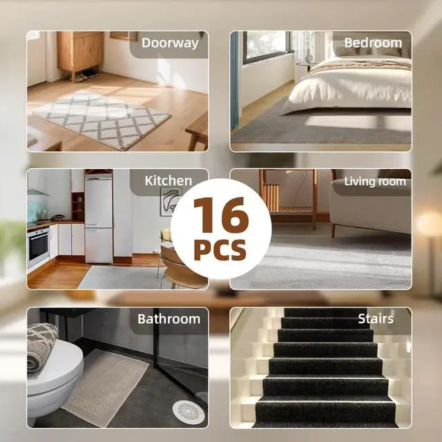 Alt view image 5 of 7 - Washable Reusable Non-Slip Rug Pads 16 PCS,Double Sided Anti-Skid Tape,Strong Adhesive Mat Holders,Grippers for Area Carpet,No Damage Removable for Hardwood Floors