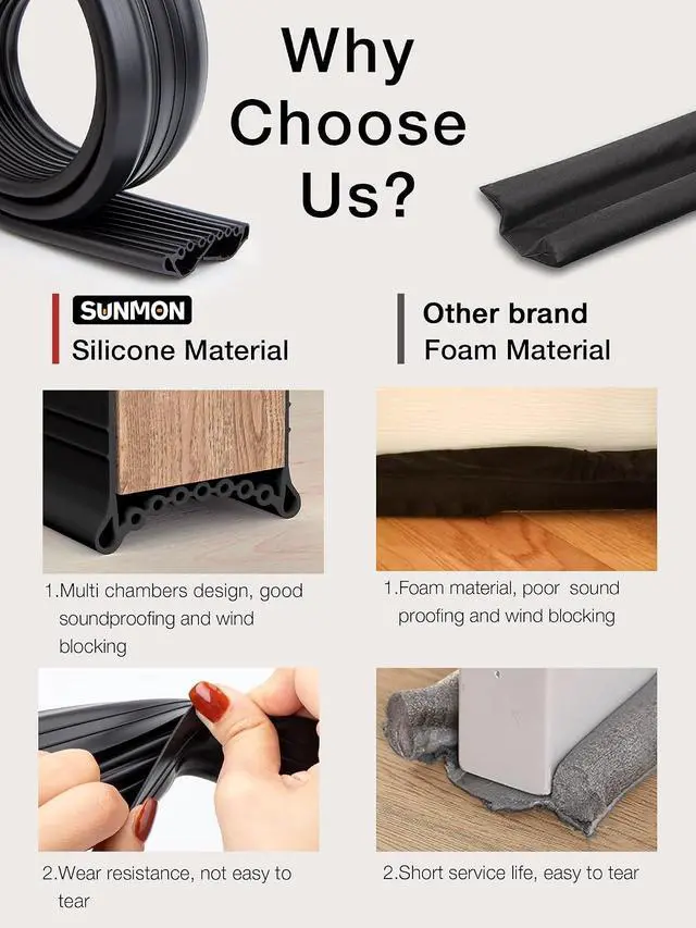 Alt view image 2 of 7 - SUNMON Silicone Door Draft Stopper, 39in Upgraded Door Slide-On Under Door Seal Blocker, Under Door Sweep Weather Stripping3.25FT Black