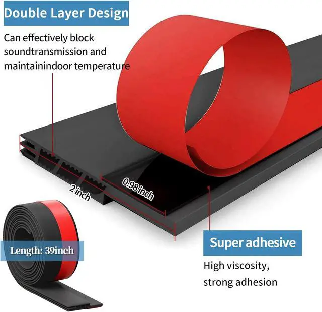Alt view image 2 of 7 - Door Draft Stopper, Door Sweep for Bottom, Under Door Gap Filler Noise Blocker, Weather Stripping Seal for Cold Air Soundproof Insulation, for Exterior and Interior Doors, 39 Inch, Black, 2