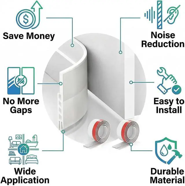 Alt view image 5 of 6 - Door Draft Stopper, 2 Pack, White Weather Stripping, 1.8" W x 37" L, Dust Noise Insulation for Exterior Interior Doors