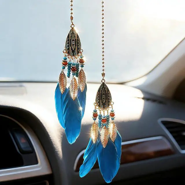 Alt view image 4 of 7 - Mini Dream Catcher for Car Rear View Mirror Accessories - Handmade Small Dreamcatchers Boho Car Charm Interior Decor(Blue)
