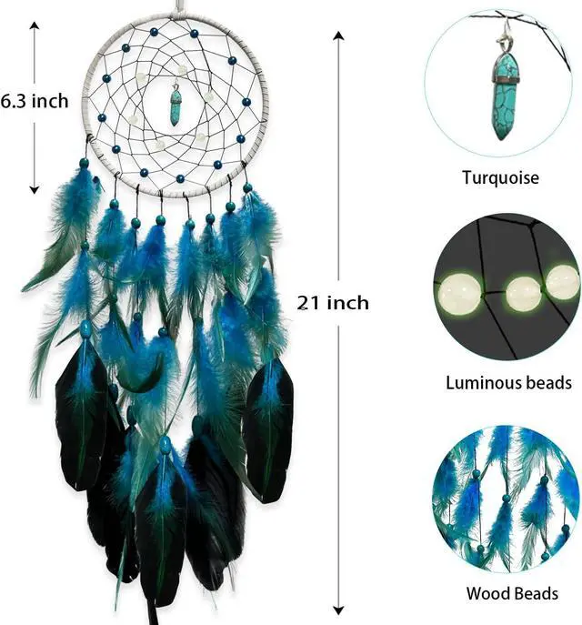 Alt view image 3 of 6 - Blue Dream Catchers Glow in The Dark Turquoise Gem Dreamcatcher for Boys Girls Kids Bedroom Handmade Decor Wall Hanging