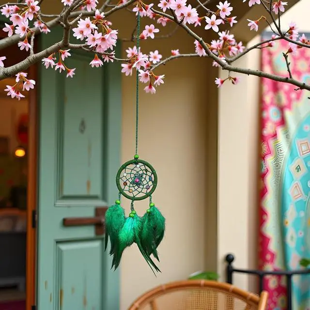Alt view image 3 of 7 - Green Small Dream Catcher with Feathers Wall Hanging Ornament Indian Style Decoration Wind Chimes for Car Home Wall Decor