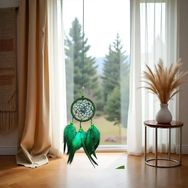 Alt view image 4 of 7 - Green Small Dream Catcher with Feathers Wall Hanging Ornament Indian Style Decoration Wind Chimes for Car Home Wall Decor