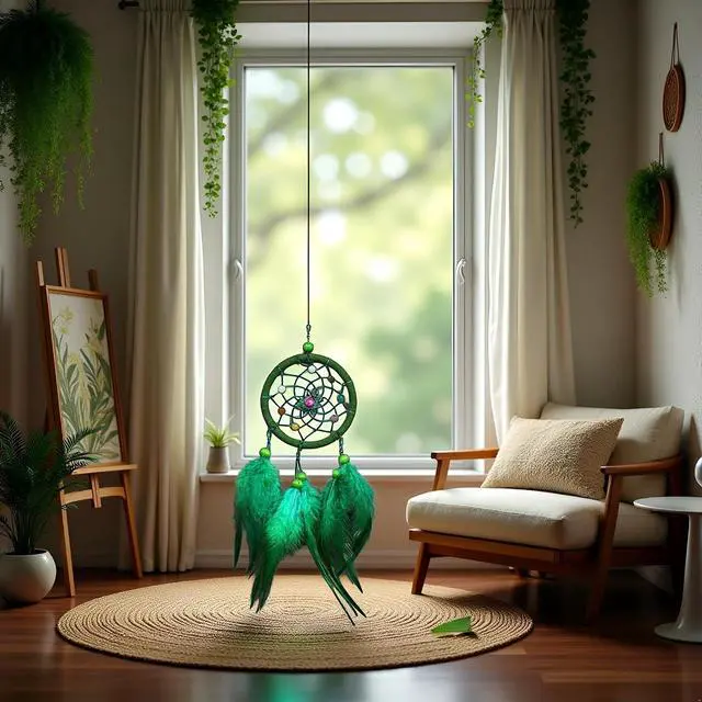 Alt view image 5 of 7 - Green Small Dream Catcher with Feathers Wall Hanging Ornament Indian Style Decoration Wind Chimes for Car Home Wall Decor