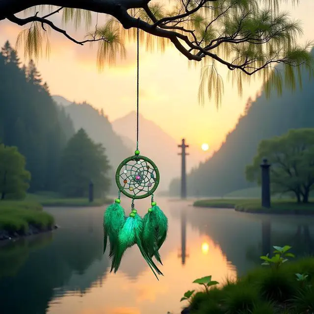 Alt view image 7 of 7 - Green Small Dream Catcher with Feathers Wall Hanging Ornament Indian Style Decoration Wind Chimes for Car Home Wall Decor