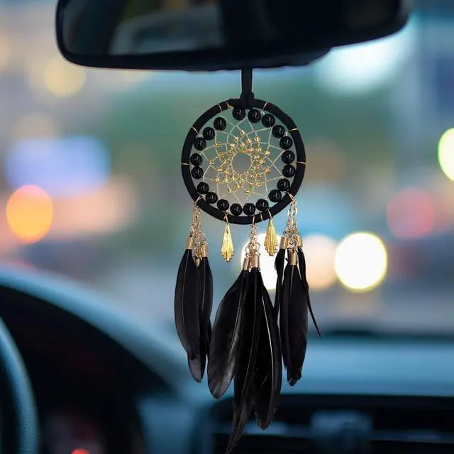 Main image of Black Dream Catcher for Cars Rear View Mirror Hanging Decor Handmade Feather Small Car Charms Pendant Gift