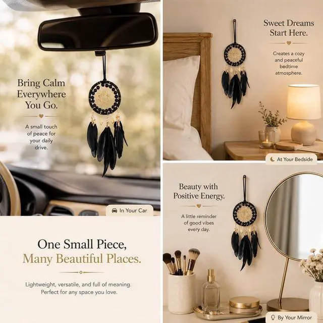 Alt view image 4 of 6 - Black Dream Catcher for Cars Rear View Mirror Hanging Decor Handmade Feather Small Car Charms Pendant Gift