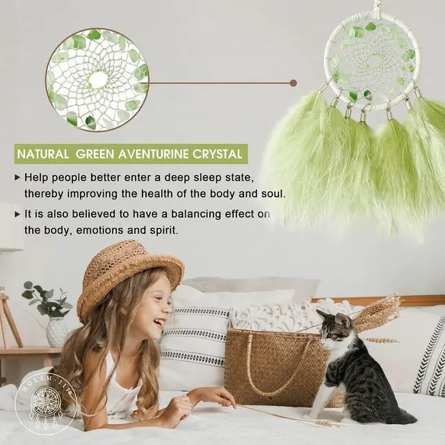 Alt view image 2 of 6 - Mini Dream Catchers - Light Green Turkey Feathers with Natural Aventurine, Handmade Small Dreamcatcher for Bedroom, A Dream Catcher for Girls and Boys, Wall Decor
