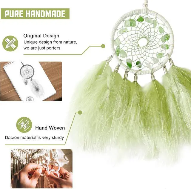 Alt view image 4 of 6 - Mini Dream Catchers - Light Green Turkey Feathers with Natural Aventurine, Handmade Small Dreamcatcher for Bedroom, A Dream Catcher for Girls and Boys, Wall Decor