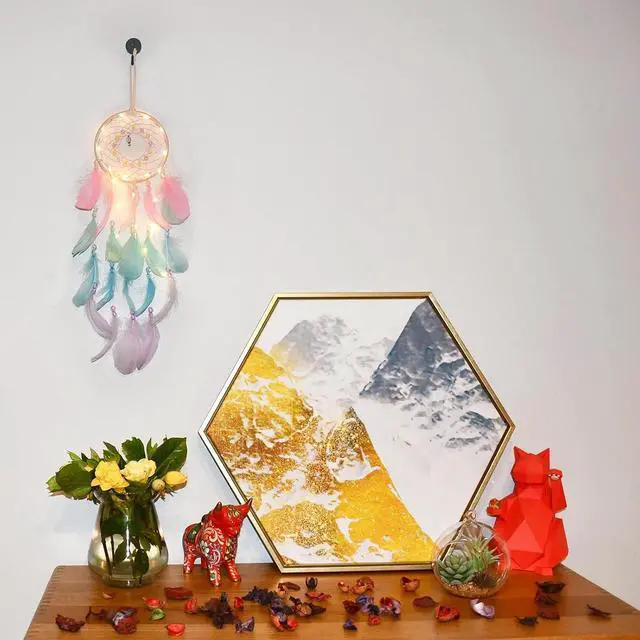 Alt view image 3 of 5 - Dream Catcher Wall Decor, Handmade Dream Catcher with LED Light, Colorful Feather Dream Catchers Wall Decor, Dreamcatchers Gift for Girls Kids Women