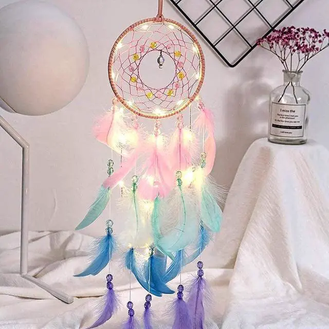 Alt view image 5 of 5 - Dream Catcher Wall Decor, Handmade Dream Catcher with LED Light, Colorful Feather Dream Catchers Wall Decor, Dreamcatchers Gift for Girls Kids Women