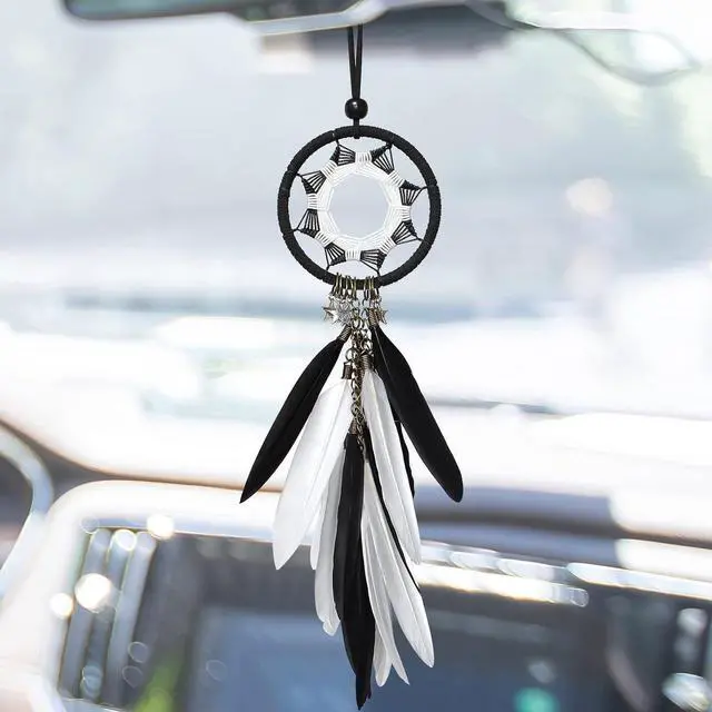 Main image of Dream Catcher Car Interior Rearview Mirror Hanging Decor Handmade Grids Nature Feather Small Boho Car Charms Pendant Accessories (Black and White)