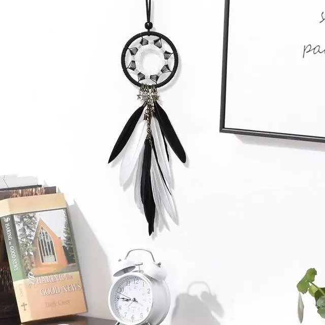 Alt view image 7 of 7 - Dream Catcher Car Interior Rearview Mirror Hanging Decor Handmade Grids Nature Feather Small Boho Car Charms Pendant Accessories (Black and White)