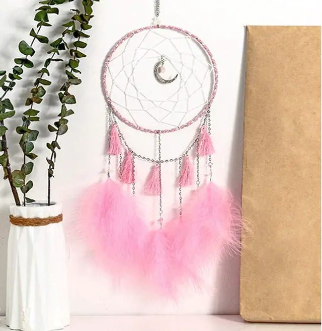 Alt view image 6 of 7 - Dream Catcher Handmade Pink Feather Native American Circular Net for Boys Bedroom Wall Hanging Dream Catcher for Girls Kids Nursery Bedroom Decoration Blessing Gift (Pink)