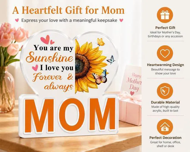 Alt view image 2 of 7 - Mom Gifts from Daughter Son, Acrylic Heart Plaque with Sunflower Decor - "You are my Sunshine" Keepsake for Mother's Day, Christmas, Birthday, Thanksgiving - Best Mom Desk Sign Home Decoration