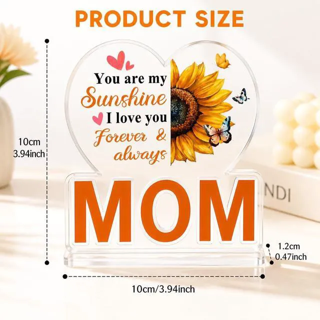 Alt view image 3 of 7 - Mom Gifts from Daughter Son, Acrylic Heart Plaque with Sunflower Decor - "You are my Sunshine" Keepsake for Mother's Day, Christmas, Birthday, Thanksgiving - Best Mom Desk Sign Home Decoration