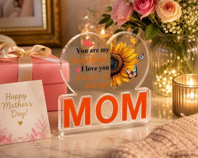 Alt view image 5 of 7 - Mom Gifts from Daughter Son, Acrylic Heart Plaque with Sunflower Decor - "You are my Sunshine" Keepsake for Mother's Day, Christmas, Birthday, Thanksgiving - Best Mom Desk Sign Home Decoration