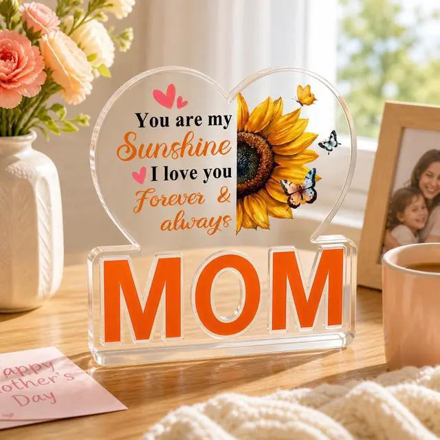 Alt view image 6 of 7 - Mom Gifts from Daughter Son, Acrylic Heart Plaque with Sunflower Decor - "You are my Sunshine" Keepsake for Mother's Day, Christmas, Birthday, Thanksgiving - Best Mom Desk Sign Home Decoration