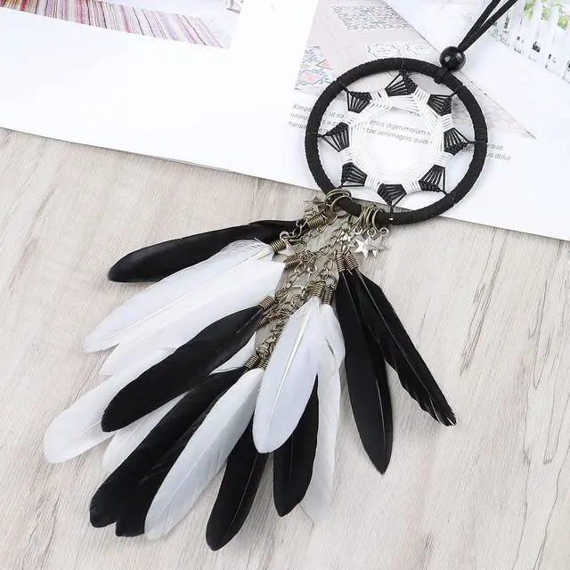 Alt view image 2 of 7 - Dream Catcher Car Interior Rearview Mirror Hanging Decor Handmade Grids Nature Feather Small Boho Car Charms Pendant Accessories (Black and White)