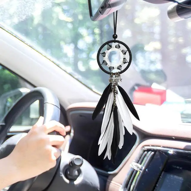 Alt view image 3 of 7 - Dream Catcher Car Interior Rearview Mirror Hanging Decor Handmade Grids Nature Feather Small Boho Car Charms Pendant Accessories (Black and White)