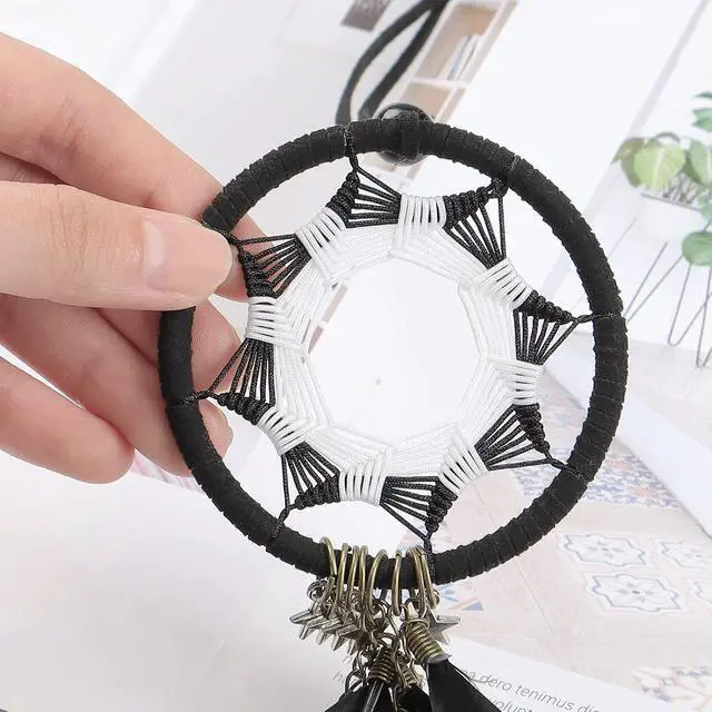 Alt view image 4 of 7 - Dream Catcher Car Interior Rearview Mirror Hanging Decor Handmade Grids Nature Feather Small Boho Car Charms Pendant Accessories (Black and White)
