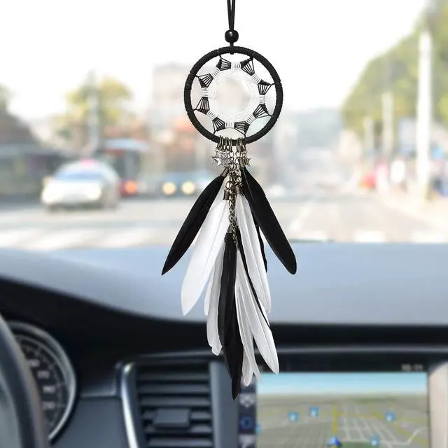 Alt view image 6 of 7 - Dream Catcher Car Interior Rearview Mirror Hanging Decor Handmade Grids Nature Feather Small Boho Car Charms Pendant Accessories (Black and White)